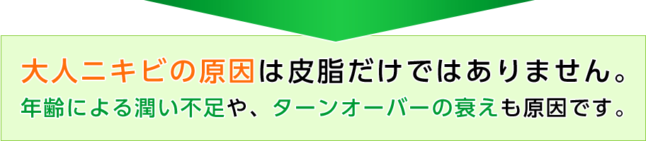 大人ニキビの原因は皮脂だけではありません。年齢による潤い不足や、ターンオーバーの衰えも原因です。